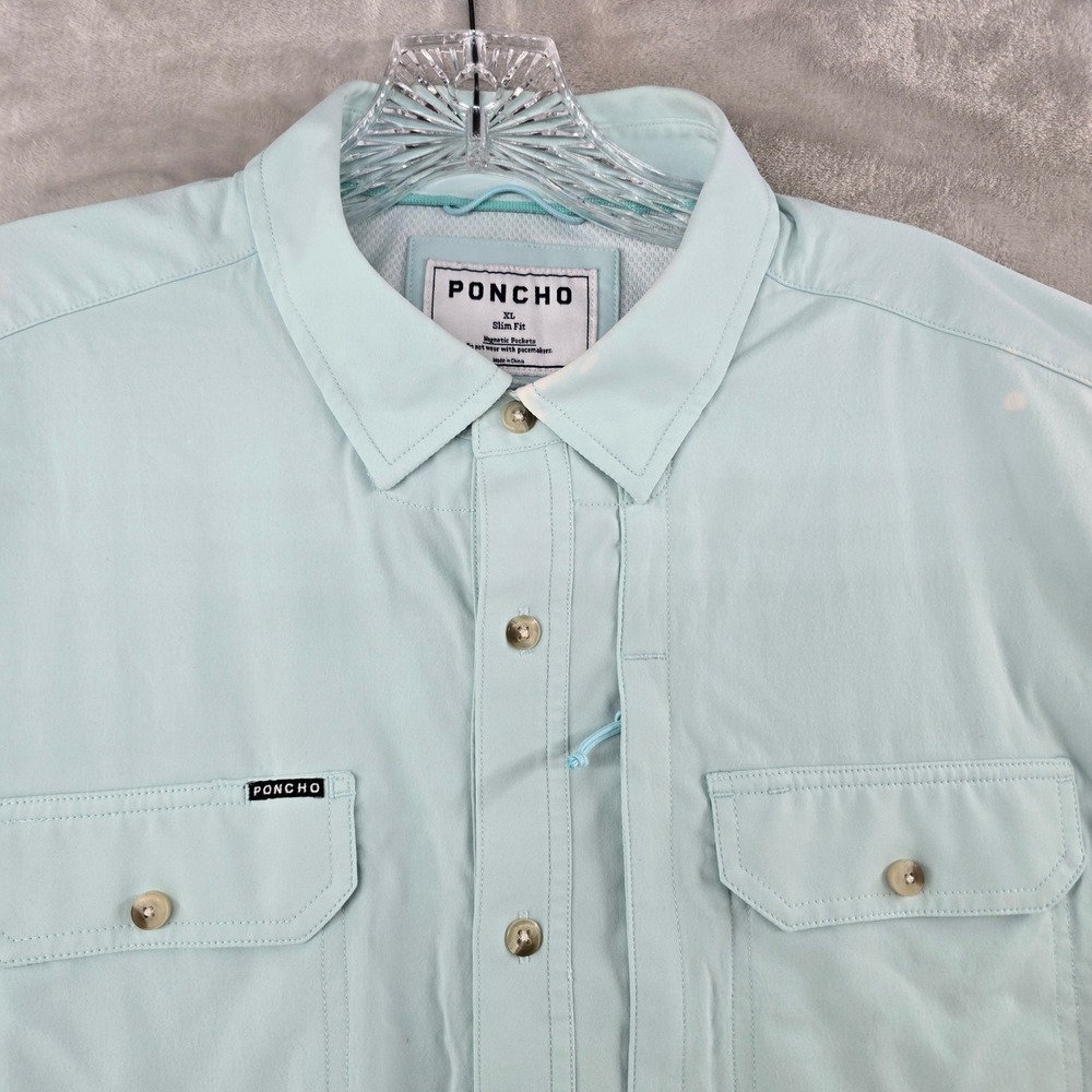 Poncho Fishing Shirt Men XL Blue Slim Fit Short Sleeve Magnetic Pockets Utility